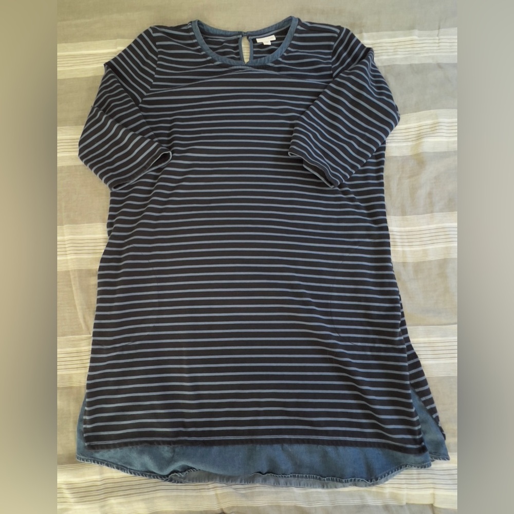 Women’s JJill Blue Stripe Heavy Knit Dress with Denim Accents at Hem Size XL